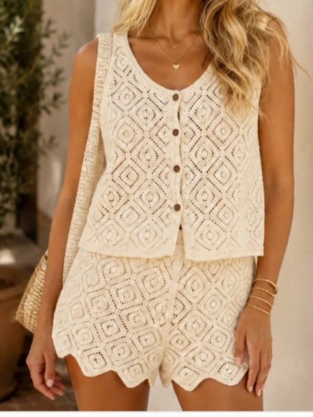 NWOT Crochet Top & Shorts Set Cottagecore Boho Large Ivory Cream Coco & Shay